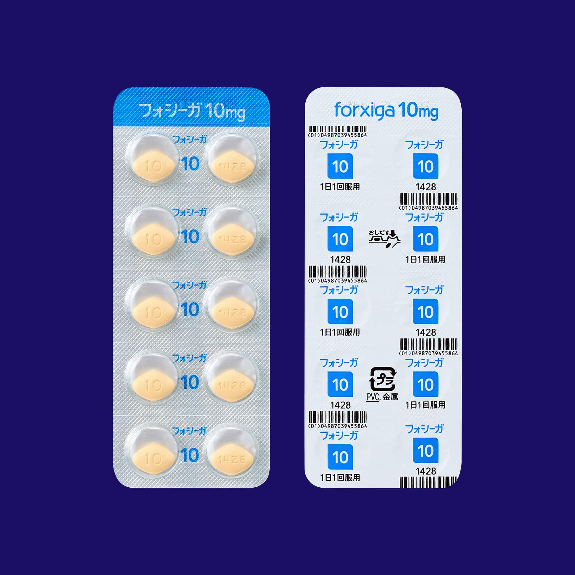 フォシーガ錠10mgのPTPシート（表面・裏面）