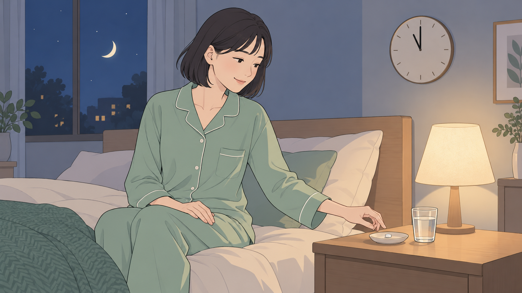 就寝の直前に、水と一緒にアモバンを1錠服用するイメージ