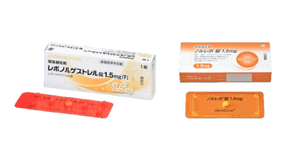 レボノルゲストレル錠1.5mg「F」とノルレボ錠1.5mgの箱とシートの写真