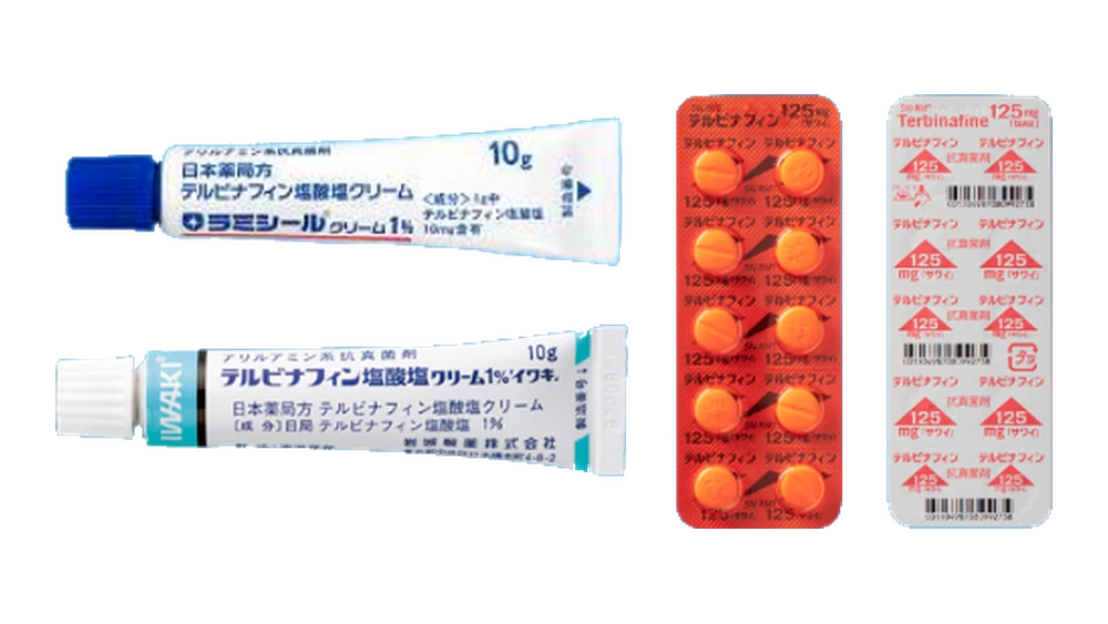 ラミシールクリーム1%とテルビナフィン塩酸塩クリーム1%のチューブ、テルビナフィン錠125mgのシートの写真